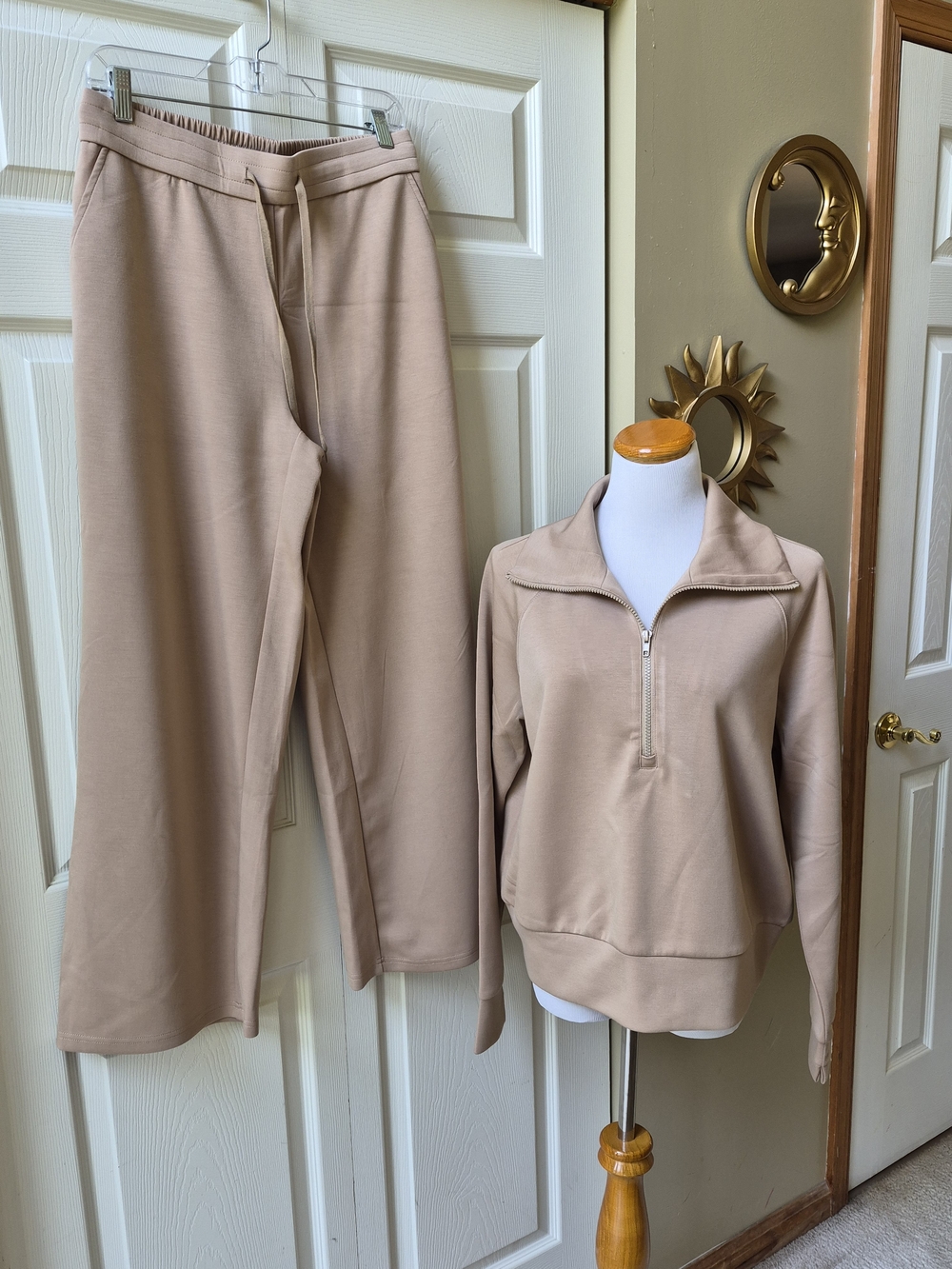 Women's Wide-Leg Lounge Pants & Half-Zip Pullover Set in Beige
